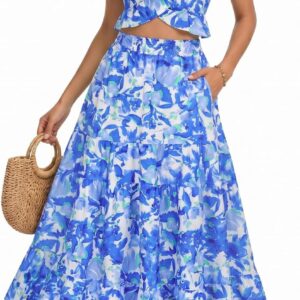 DRESSTELLS Women’s Boho Floral Two Piece Outfit Summer Holiday Beach Vacation Ruffle Maxi Dress with Pockets