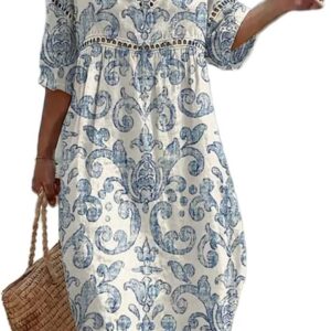 Summer Dresses for Women UK Bohemian 3/4 Sleeve Print Dresses Casual Loose Fit Boho Dress Breathable Comfortable Friendly Elegant Style Holiday Beach Travel Everyday Wear