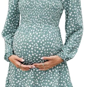 BeautyNee Floral Print Maternity Dress Short Puff Sleeve Square Neck Ruffle Hem Casual Swing Pregnancy Dresses