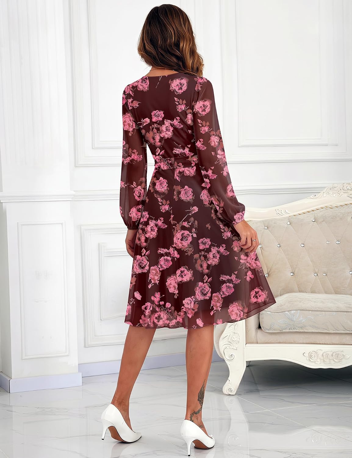 Zattcas Women's 2025 Fall Mesh Long Sleeve Floral Midi Dress Crew Neck A Line Flowy Cocktail Party Wedding Guest Dress - Image 4
