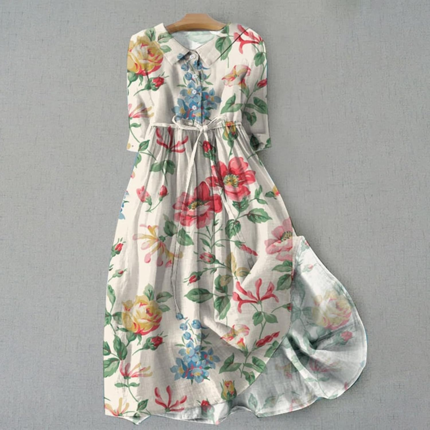Boho Dresses for Women Button Round Sleeve Short Sleeve Midi Dress Italian Floral Priant Casual Sundress Flowy Elegant Style Dress with Tie Halter Holiday Vacation Wear - Image 4