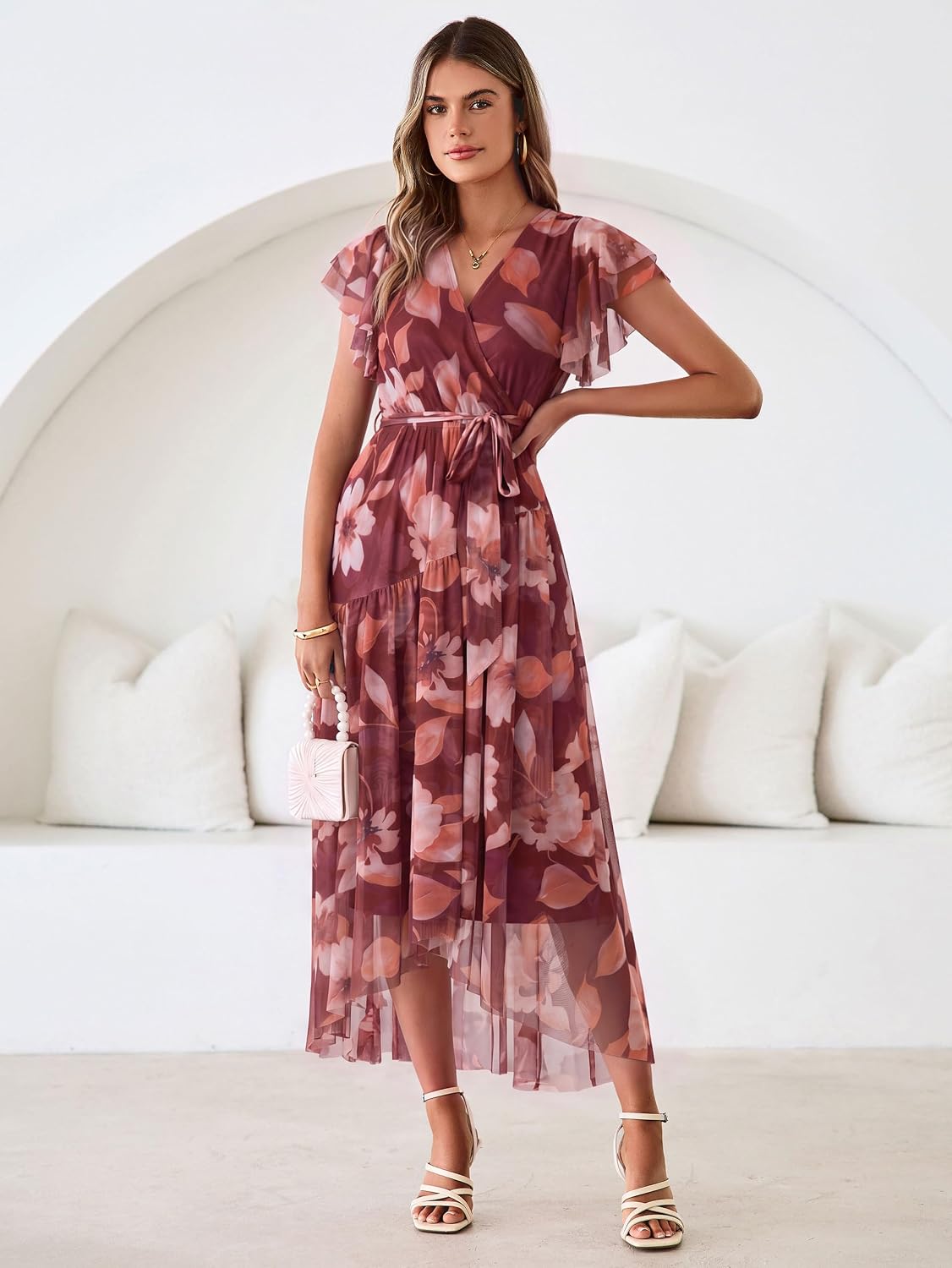 Simplee Womens Summer Floral Maxi Dress 2026 Short Sleeve V Neck Belted Mesh Hem Split Flowy Beach Wedding Guest Dresses - Image 2