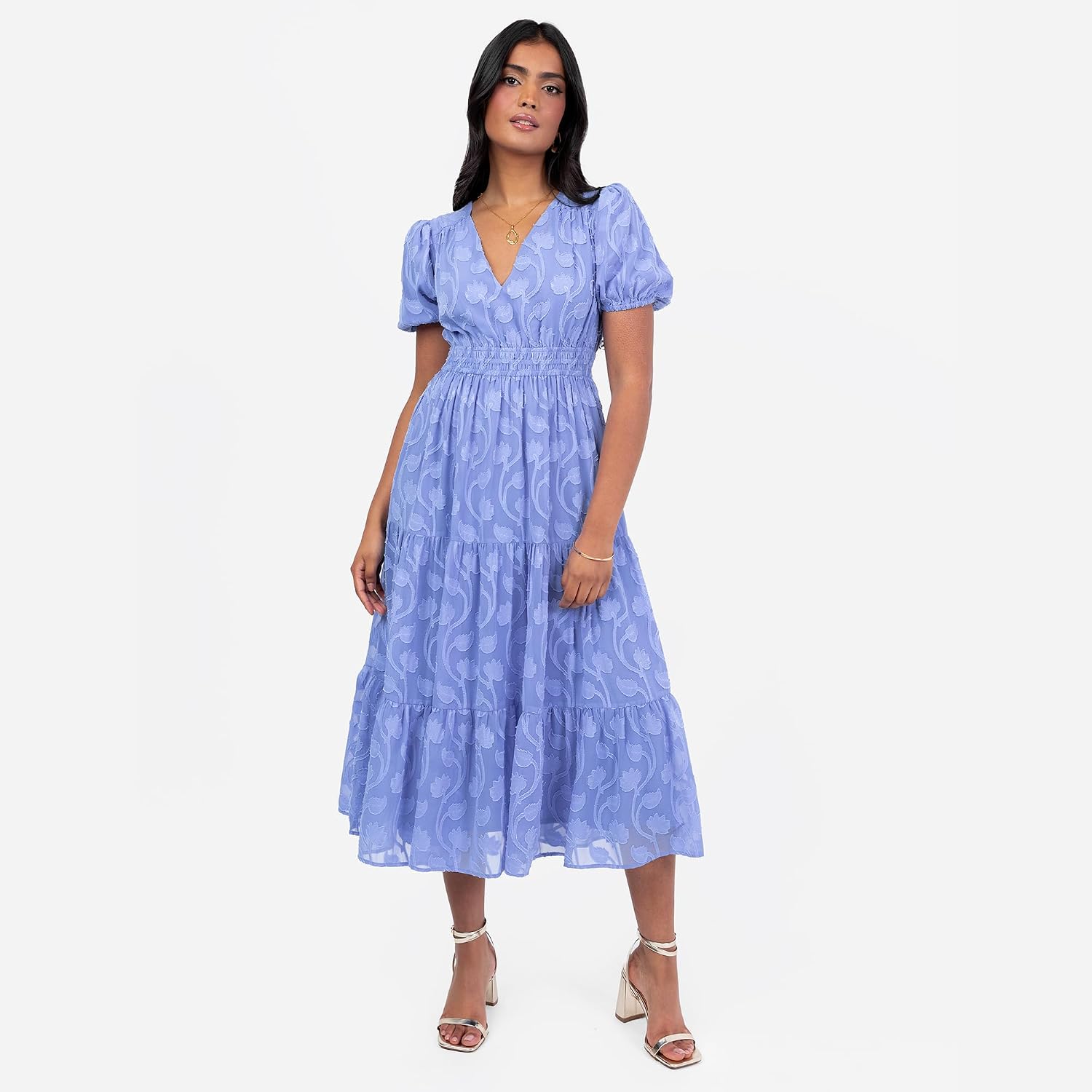 Lovedrobe Women's Midi Dress Ladies V-Neck Short Puffed Sleeves Floral Burnout A-line Tiered Skirt Elasticated Waist - Image 6
