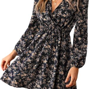 CUPSHE Women’s V Wrap Dress Neck Ditsy Floral Mini Dress Long Sleeve A Line Dress Surplice Short Dress
