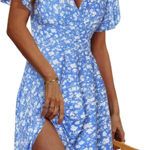 Casual Summer Dresses for Women UK Boho Floral V-Neck Wrap Dress Short Sleeve A-Line Midi Tunic Dress Knee Length Slimming Sundress for Holiday Everyday Wear