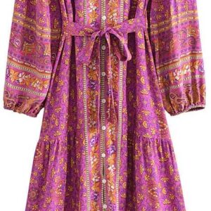 Waterlily Boho Maxi Dress Long Sleeve Casual Summer Dresses for Women Floral Flare Buttons Tie Waist Hippie Bohemian