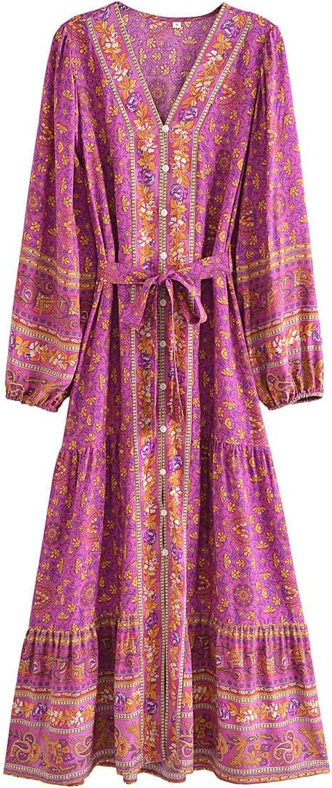 Waterlily Boho Maxi Dress Long Sleeve Casual Summer Dresses for Women Floral Flare Buttons Tie Waist Hippie Bohemian