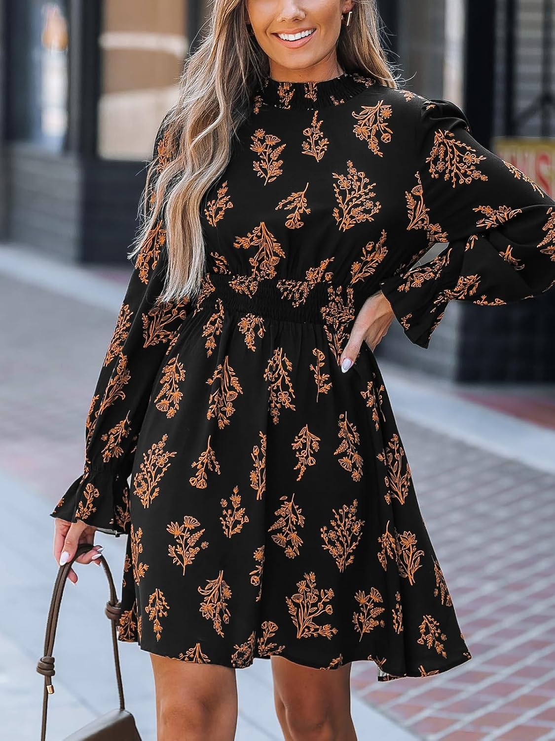 CUPSHE Women's A-Line Mini Dress Flowy Swing Ditsy Floral Print Long Sleeve Round Neck Smocked Fall Party Casual Dress - Image 7