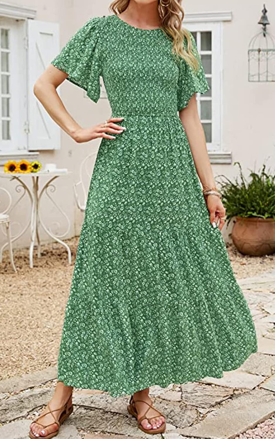 PRETTYGARDEN Women's Smocked Top Summer Dresses for Women 2025 Short Sleeve Floral Maxi Dress for Women Flutter Sleeve Cute Spring Maxi Dress for Women Beach Vacation - Image 5
