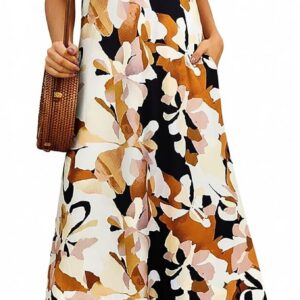 Supnier Women’s Summer Maxi Dress Casual V-Neck Sleeveless Bohemian Spaghetti Strap Floral Long Maxi Dress with Pockets