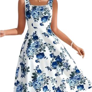 GORGLITTER Women’s Elegant Floral A Line Flowy Dresses Square Neck Fit and Flare Midi Tank Sundress Date Night Tea Party Dress