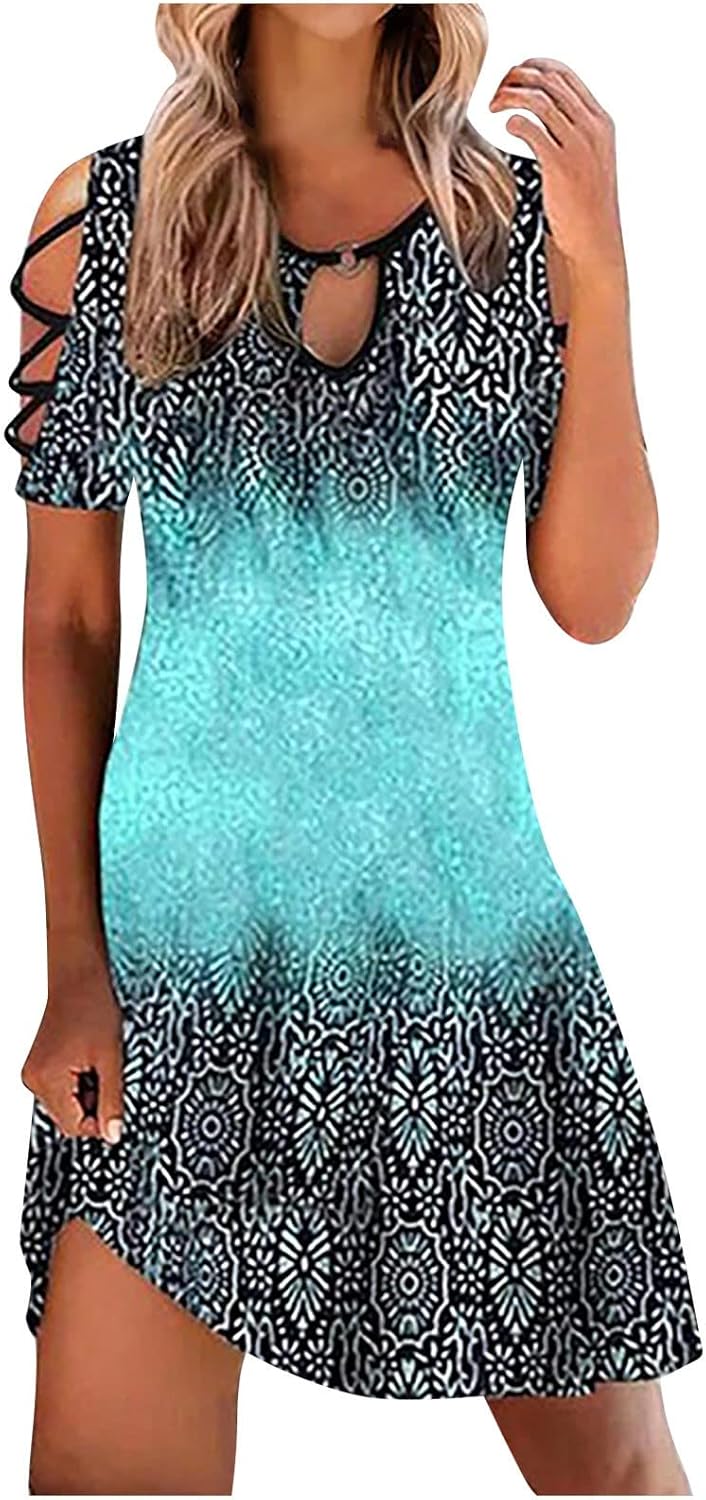Zeiayuas Women's Summer Cold Shoulder Short Sleeve Midi Dress Ladies V Neck Elegant Mini Dresses Party Beach Evening Prom Dress Floral Print Casual Sundress UK
