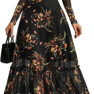 GothDark Women’s 2026 Floral Long Sleeve Round Neck A-Line Casual Dress