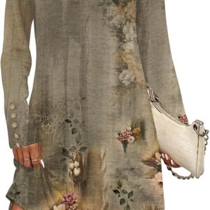 Women’s Jumper Dress Long Sleeve Floral Lightweight Pullover Shift Tunic Mini Dress with Pockets, S-2XL
