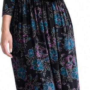 Roman Originals Midi Dress with Pockets for Women UK Ladies Stretchy Jersey Maxi Long 3/4 Length Sleeve Gathered High Waist Boho Flattering Skater Swing Fit Flare