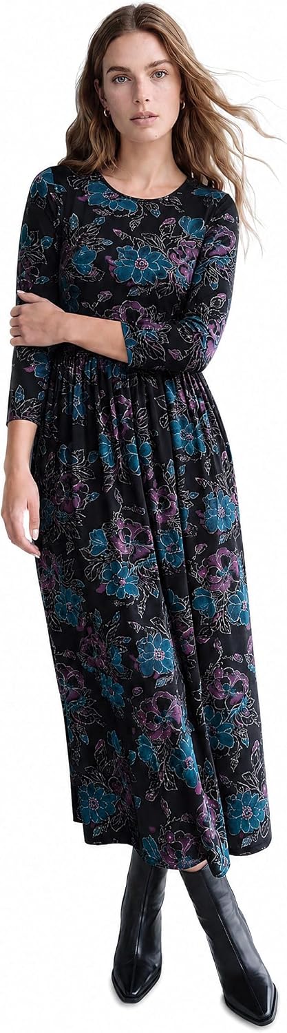 Roman Originals Midi Dress with Pockets for Women UK Ladies Stretchy Jersey Maxi Long 3/4 Length Sleeve Gathered High Waist Boho Flattering Skater Swing Fit Flare