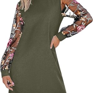 CUPSHE Mini Dresses for Women Round Neck Sheer Long Sleeve Floral Knit A Line Fall Casual Dress