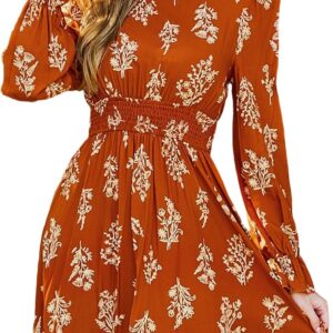 CUPSHE Women’s A-Line Mini Dress Flowy Swing Ditsy Floral Print Long Sleeve Round Neck Smocked Fall Party Casual Dress