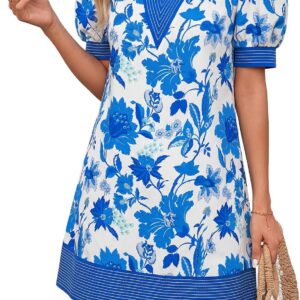 Wenrine Summer Dress for Women V Neck Casual Puff Sleeve Color Block Short Boho Beach Dress with Pockets