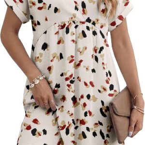 KISSMODA Womens Casual Dress Plunge V Neck Short Sleeve Pullover Flowy Empire Waist Shirt Dresses Summer Fashion Elegant Pleated Front Vacation Beach Tunic Dress