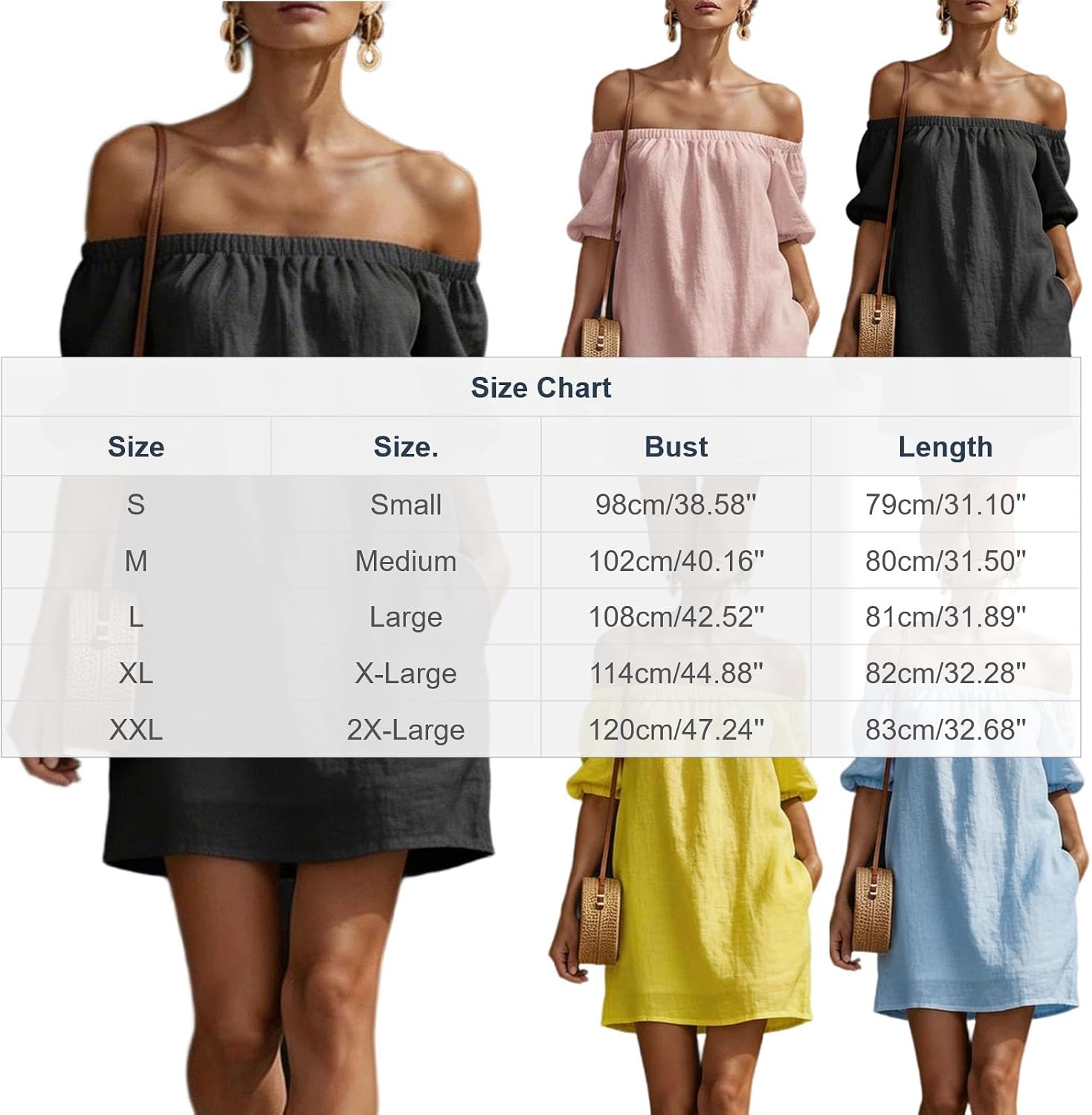 Zeiayuas Off Shoulder Dress Women UK Elegant Cotton Linen Dresses Shirred Bubble Short Sleeve Mini Dress Boho Casual Beach Holiday Sundress Ladies A-Line Vintage Milk Maid Dresses with Pockets - Image 3