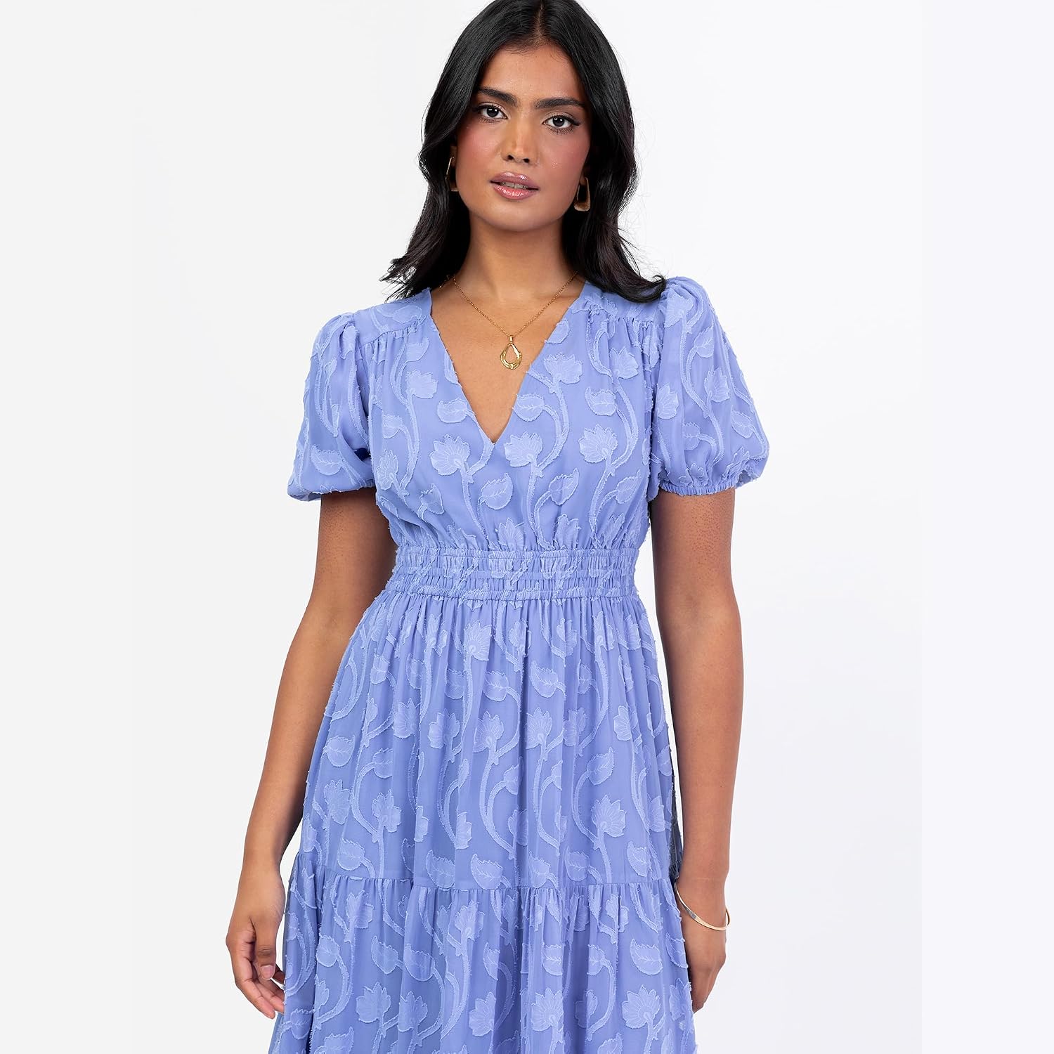Lovedrobe Women's Midi Dress Ladies V-Neck Short Puffed Sleeves Floral Burnout A-line Tiered Skirt Elasticated Waist - Image 2