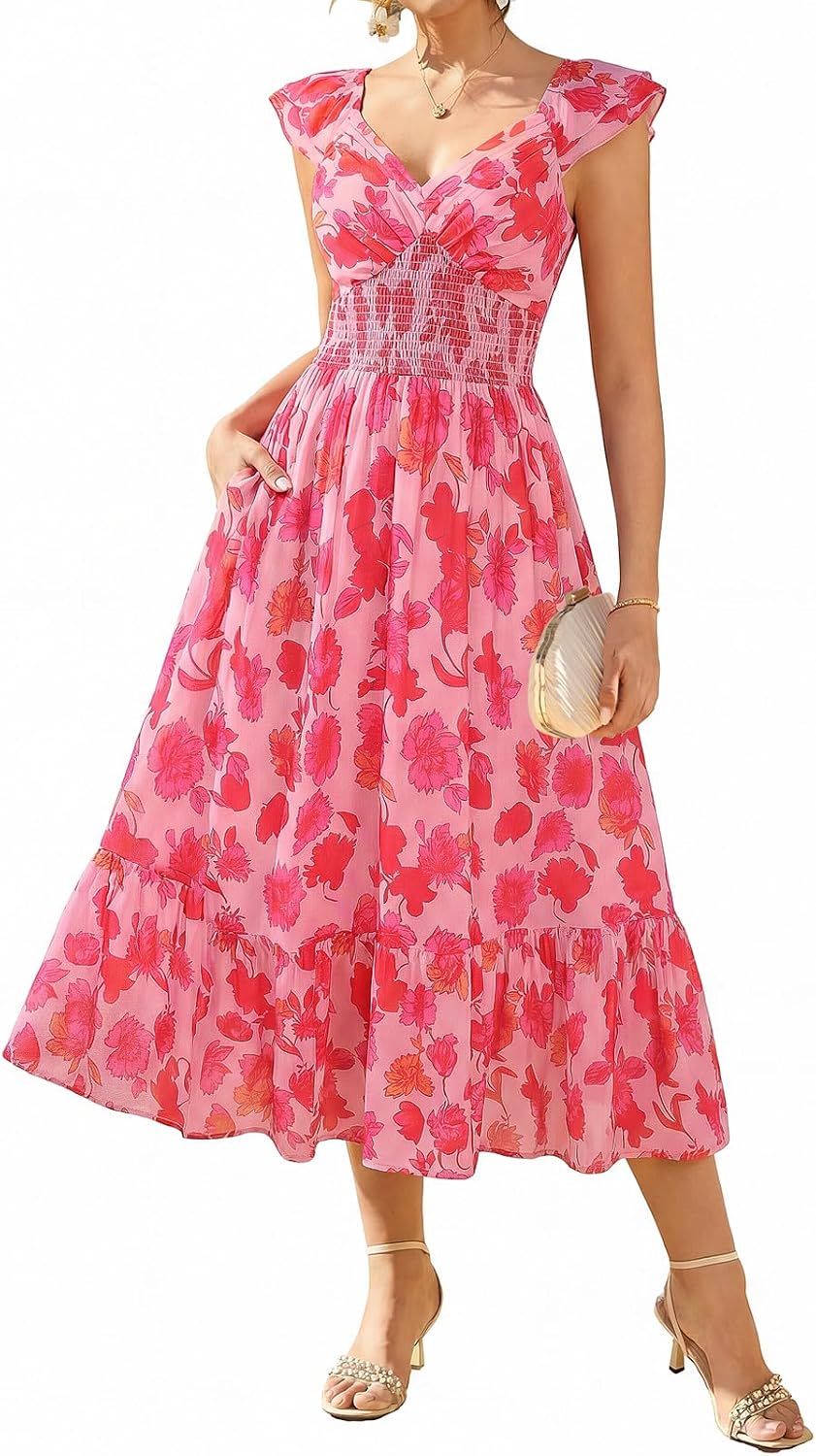GRACE KARIN Ruffle Sleeves Floral Summer Chiffon Dresses Wedding Guest