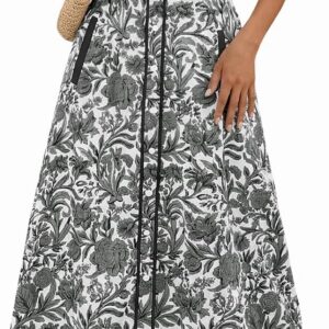 Wenrine Womens Summer Floral Midi Dress Casual Tie Strap Sleeveless Smocked Button Boho Flowy Beach Sundress with Pocket