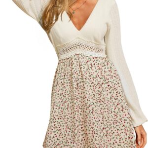 CUPSHE Womens Mini Fall Dresses V Neck Casual Long Sleeve Floral Self Tie Crochet Short Flowy Wedding Guest Dress