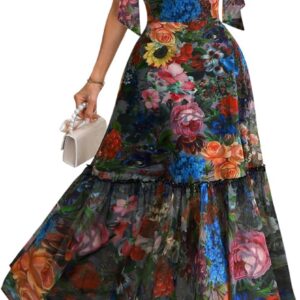 GothDark Women’s Floral Maxi Dress Mesh Ruffle Boho Wedding Guest Dresses