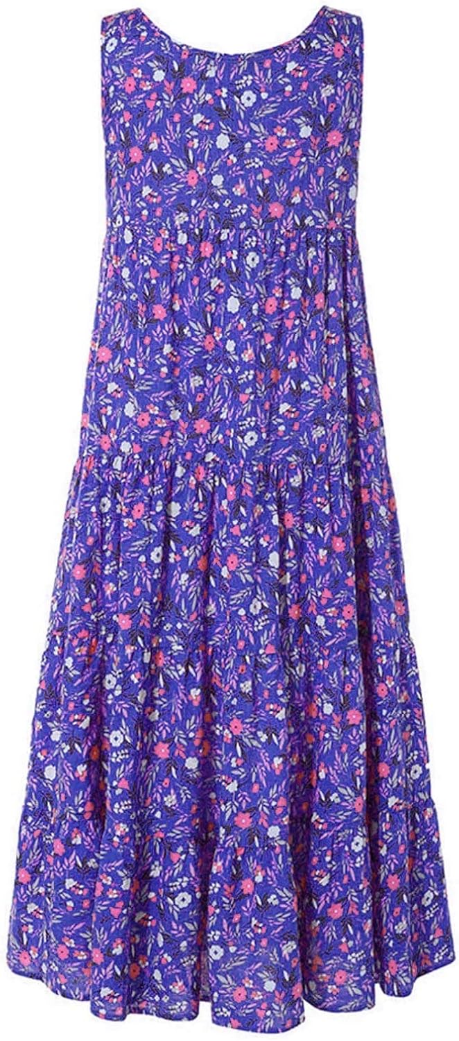 Women's Cotton Linen Dress Floral Maxi Long Dress Casual Sleeveless Crewneck A Line Dress Plus Size Swing Dress Vintage Bohemian Loose Dresses Pageant Prom Ball Gowns Cocktail Dresses UK Size - Image 4