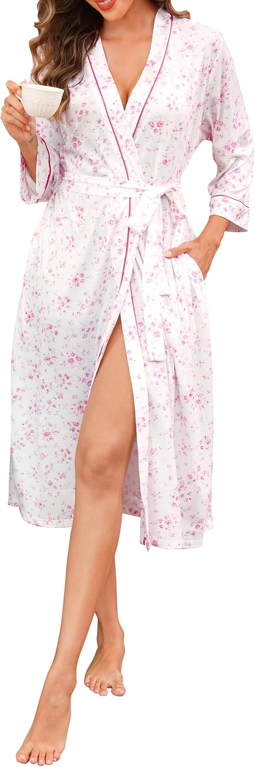 Vlazom Dressing Gowns for Women Floral Cotton Robes Lightweight Housecoat Bathrobe with Pockets & Tie Belt S-3XL