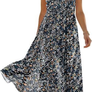 Maxi Dresses for Women UK Ladies Summer Boho Floral Printed Spaghetti Strap Maxi Dress with Pockets Flowy V Neck Beach Sundress Loose Fit Vacation Outfits Baggy Beachwear