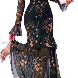 BTFBM Elegant Wedding Guest Dress Floral Long Sleeve Tiered Ruffle Maxi Dresses for Women Cocktail Prom Fall Clothes