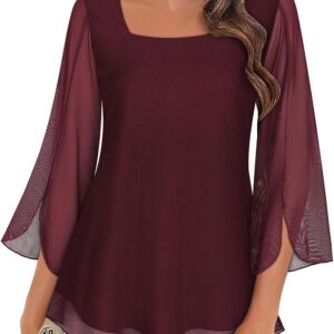 Syphiby Womens Flowy Square Neck Chiffon Tunic Tops Ladies Dressy Blouses