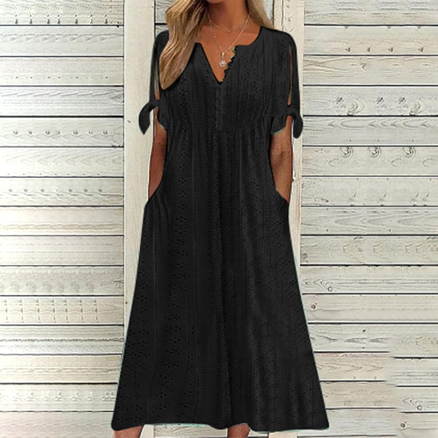 HOOUDO Summer Dresses for Women UK Loose Casual Maxi Dress Short Sleeve V Neck Tunic Flowy Pleated Beach Sundress Plus Size Ladies Boho Dress Holiday Dresses - Image 2