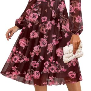 Zattcas Women’s 2025 Fall Mesh Long Sleeve Floral Midi Dress Crew Neck A Line Flowy Cocktail Party Wedding Guest Dress
