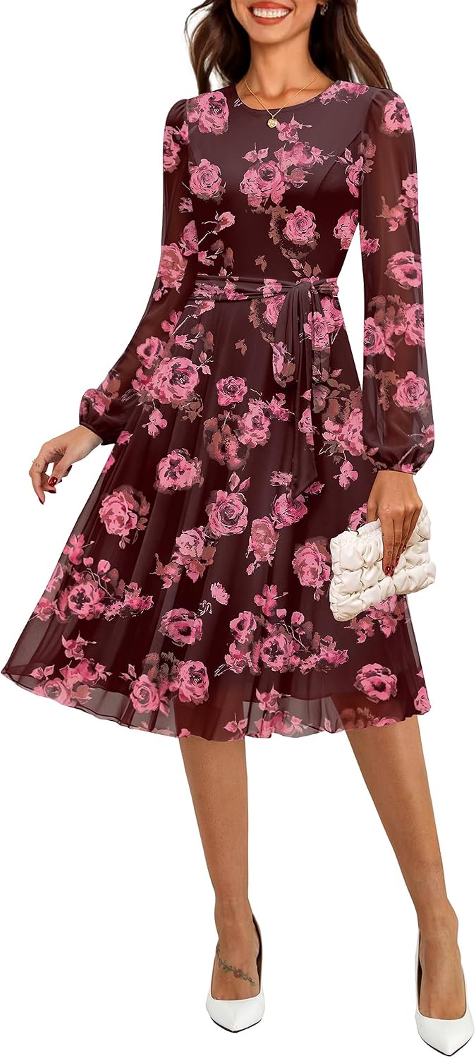 Zattcas Women's 2025 Fall Mesh Long Sleeve Floral Midi Dress Crew Neck A Line Flowy Cocktail Party Wedding Guest Dress