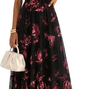 OURIN Womens Summer Casual Floral Wrap V Neck Midi Stretchy Mesh Dress Modest Wedding Guest Dress
