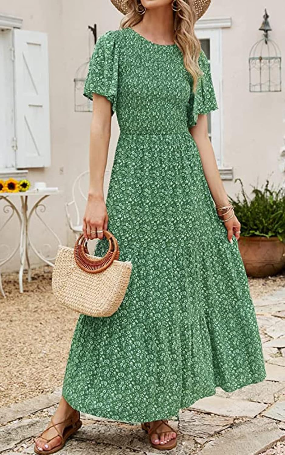 PRETTYGARDEN Women's Smocked Top Summer Dresses for Women 2025 Short Sleeve Floral Maxi Dress for Women Flutter Sleeve Cute Spring Maxi Dress for Women Beach Vacation - Image 6