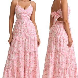 HTZMO Women Casual Summer Floral Maxi Sundress V Neck Spaghetti Strap Bow Tie Backless Flowy Boho Beach Long Dress 2025