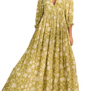 FeMereina Women Boho Floral Maxi Dress Puff Sleeve Flowy Long Dress V Neck Loose Fit Shirtdress Bohemian Tiered Sundress