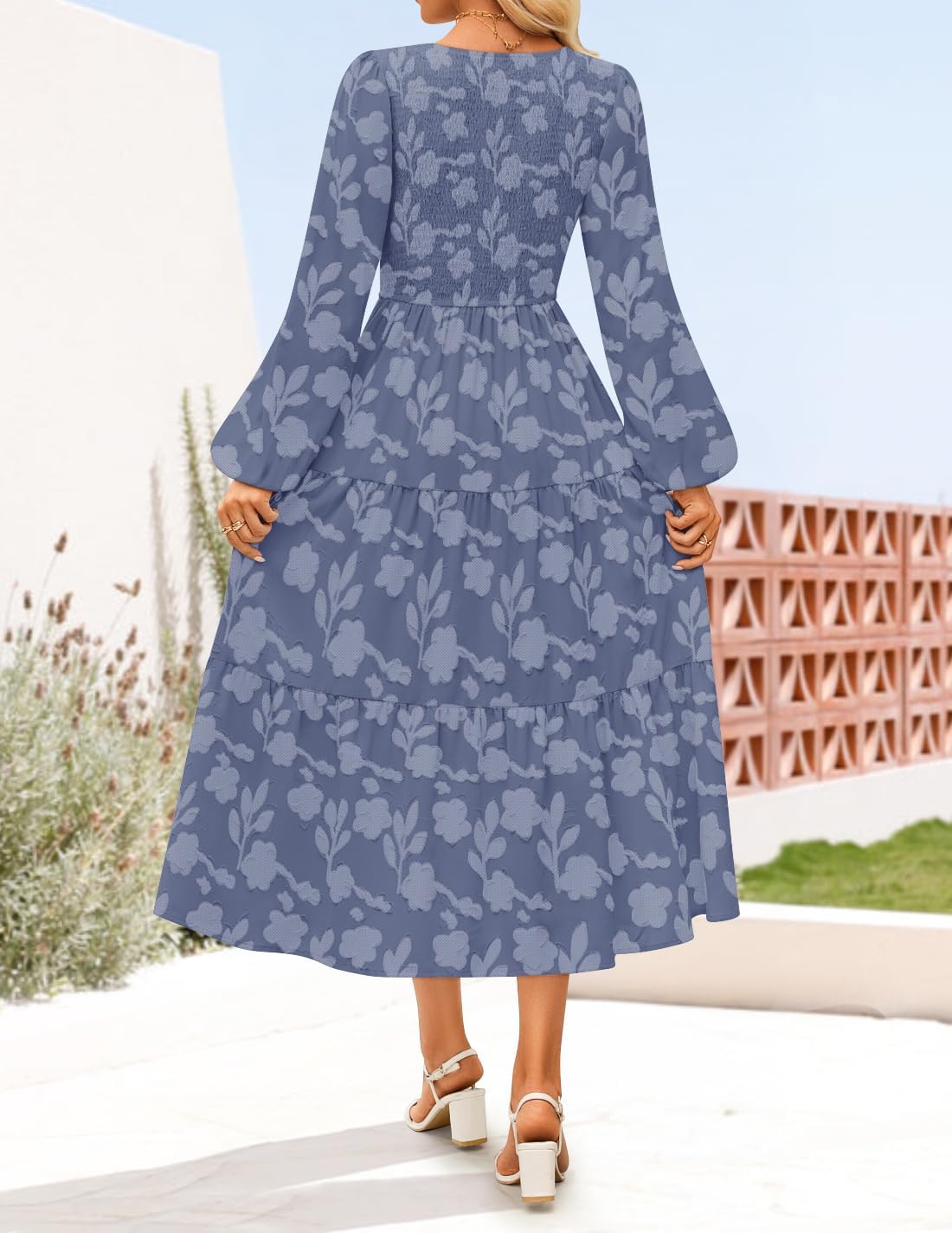 ZESICA Women's Fall Boho Floral Midi Dress 2025 Casual Long Sleeve Crewneck Flowy Wedding Guest Long Dresses - Image 5