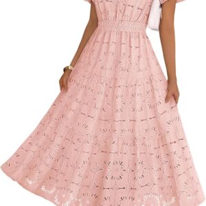 MEROKEETY Women’s Spring Summer Floral Maxi Dress 2026 Boho Eyelet Hollow Out Lace Short Sleeve A Line Tiered Flowy Dresses