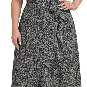 Women’s Plus Size Summer Dresses Casual Floral Ruffle Sleeve Midi Dress Floral V Neck A-Line Sundress with Tie Waist