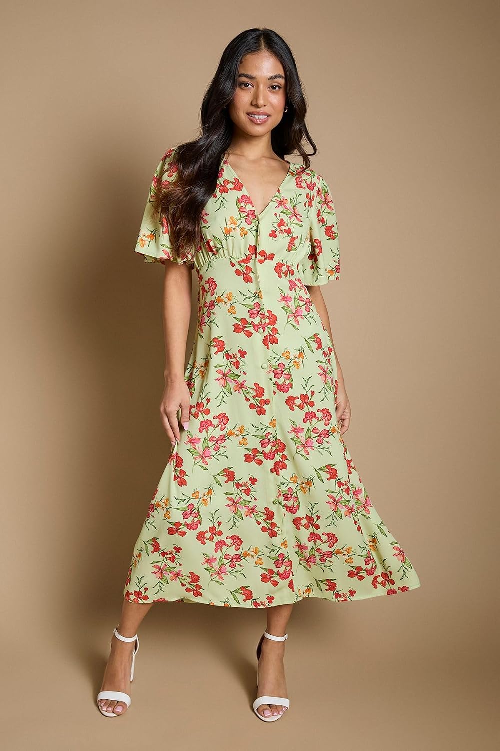 Dorothy Perkins Petite Green Floral Button Front Angel Sleeve Tie Back Midi Dress - Image 5