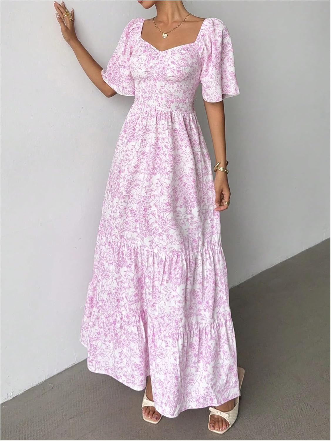 GORGLITTER Boho Floral Dresses for Women UK 2026 Sweetheart Neck Short Sleeve Smocked Flared Flowy Beach Holiday Maxi Dress - Image 5