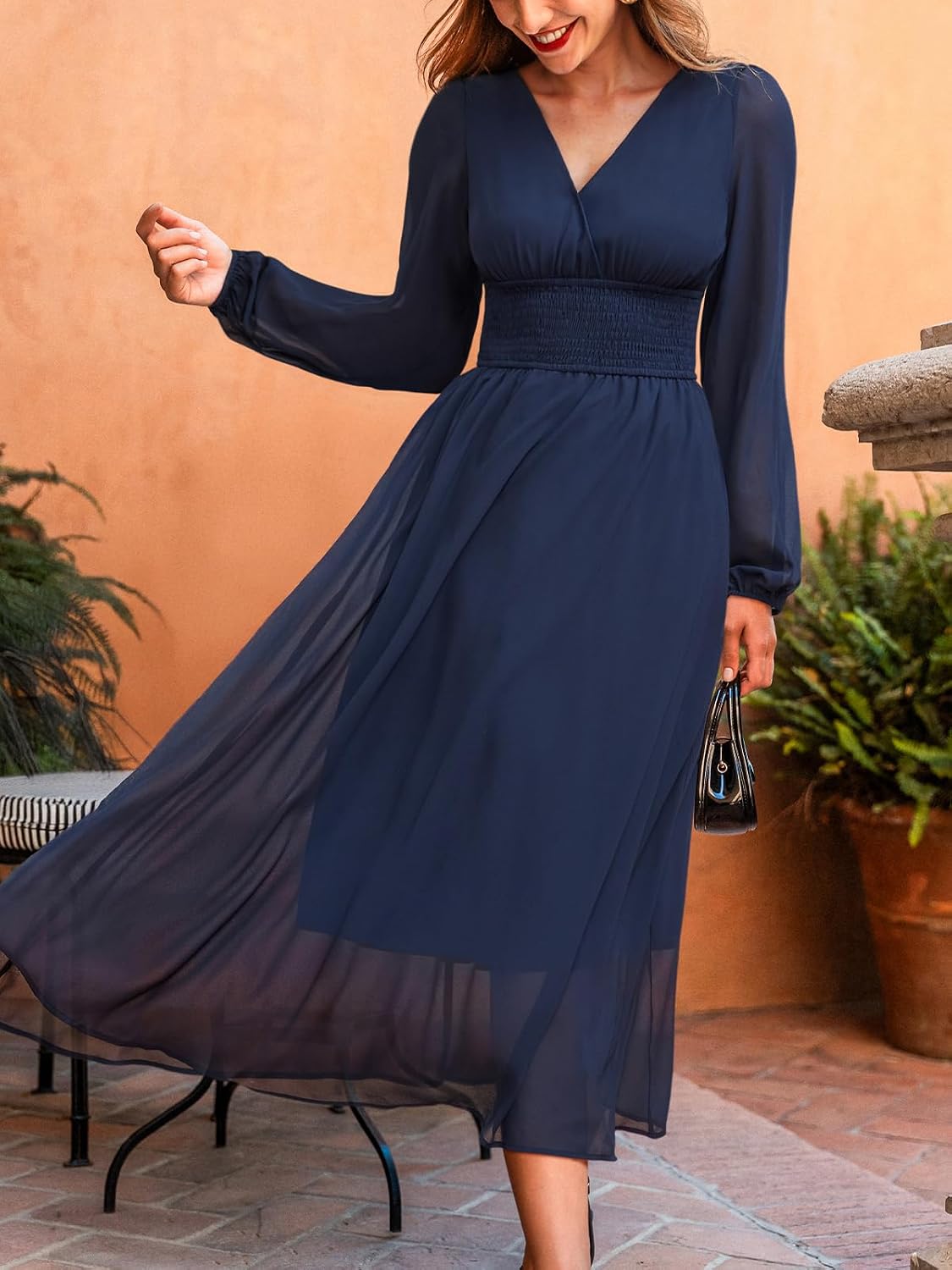 CUPSHE Women's Fall V Neck Long Sleeve Maxi Dresses Smocked Waist Elegant Cocktail Wedding Guest Dress - Image 5