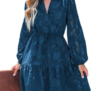 CUPSHE Women’s Mini Dress Floral V Neck Lace Long Sleeve Waist Tie Ruffle A Line Fall Casual Dresses