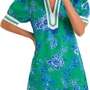 Wenrine Womens Summer Mini Dress Casual Floral Puff Sleeve V Neck Color Block Loose Boho Beach Dresses with Pockets